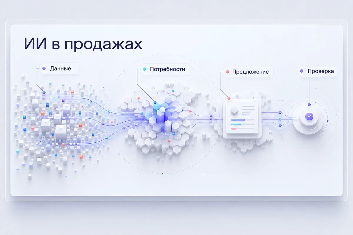 ИИ в продажах: данные клиента превращаются в подтверждённые потребности, предложение и проверку.