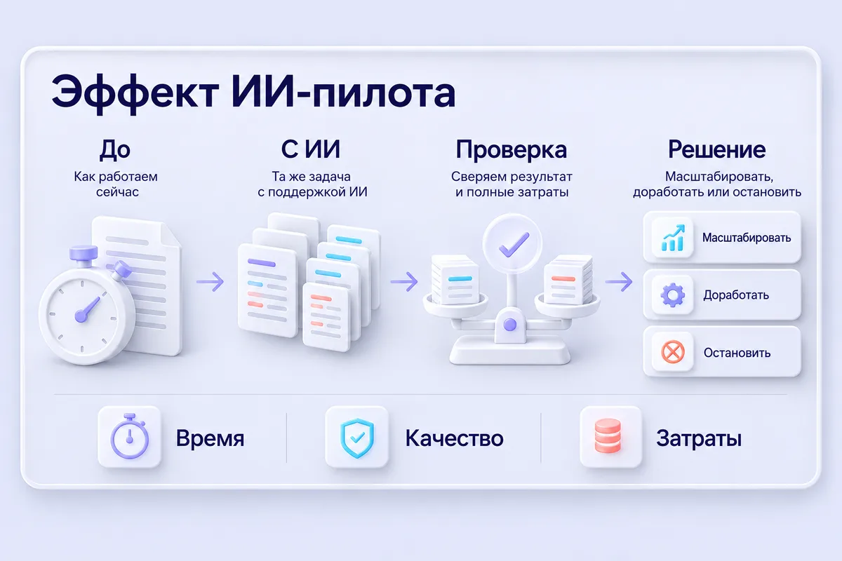 Оценка ИИ-пилота: сравнить работу до и с ИИ, проверить время, качество и затраты, затем принять решение.