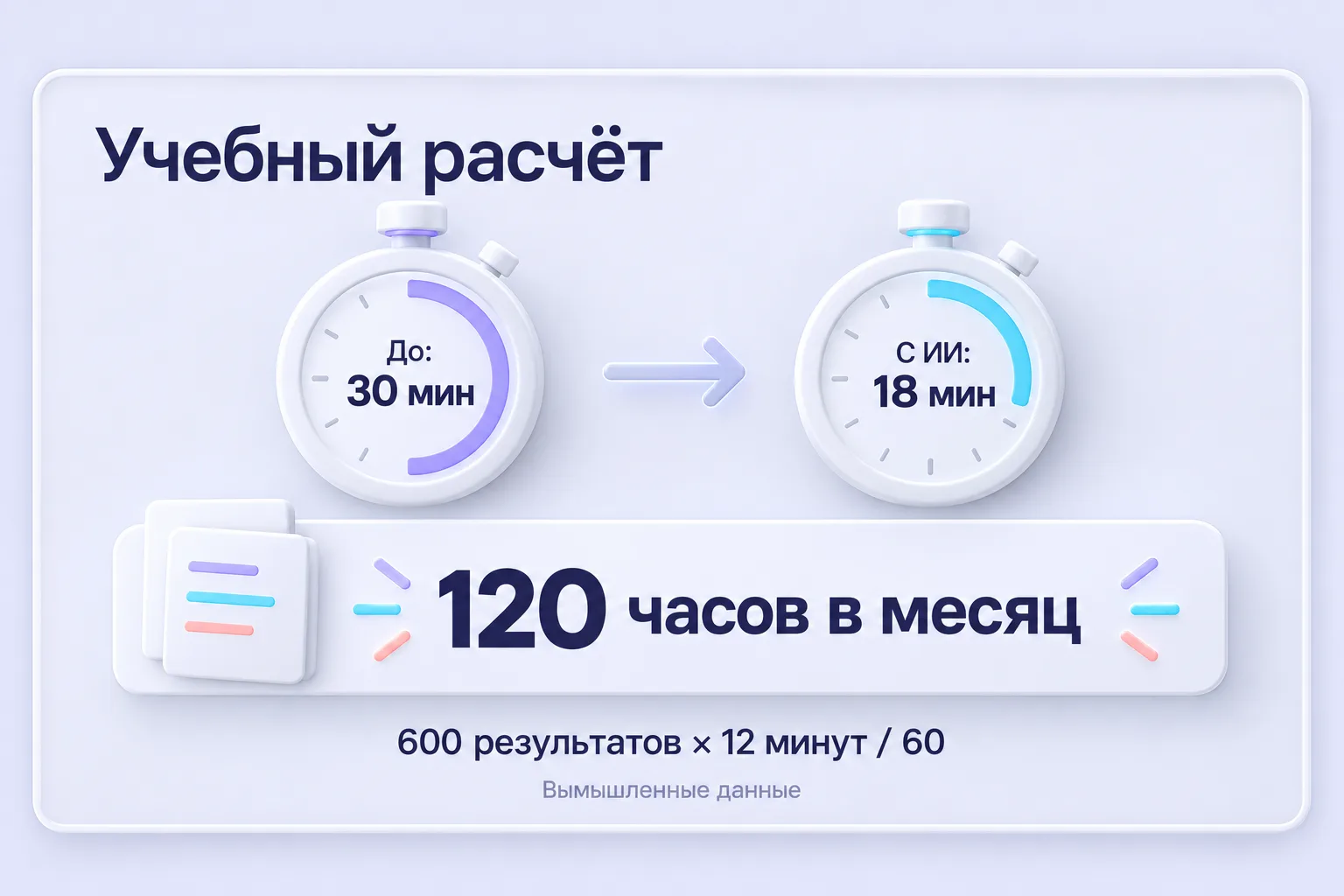 Учебный пример: 600 результатов, снижение активного труда с 30 до 18 минут и резерв 120 часов в месяц.