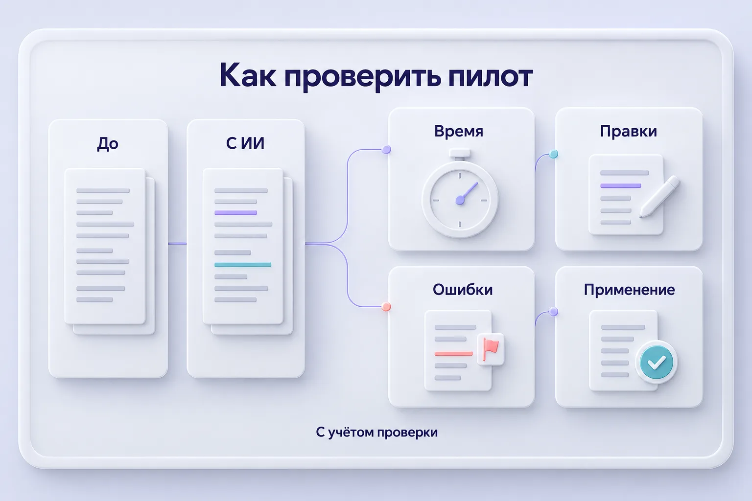 Проверка пилота: сравнение работы до и с ИИ по времени, правкам, ошибкам и применению результата.
