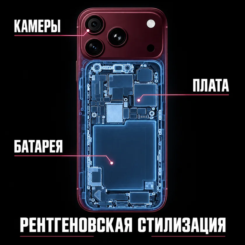 Смартфон по приёму /xray: товар в рентгеновском виде, видна внутренняя структура